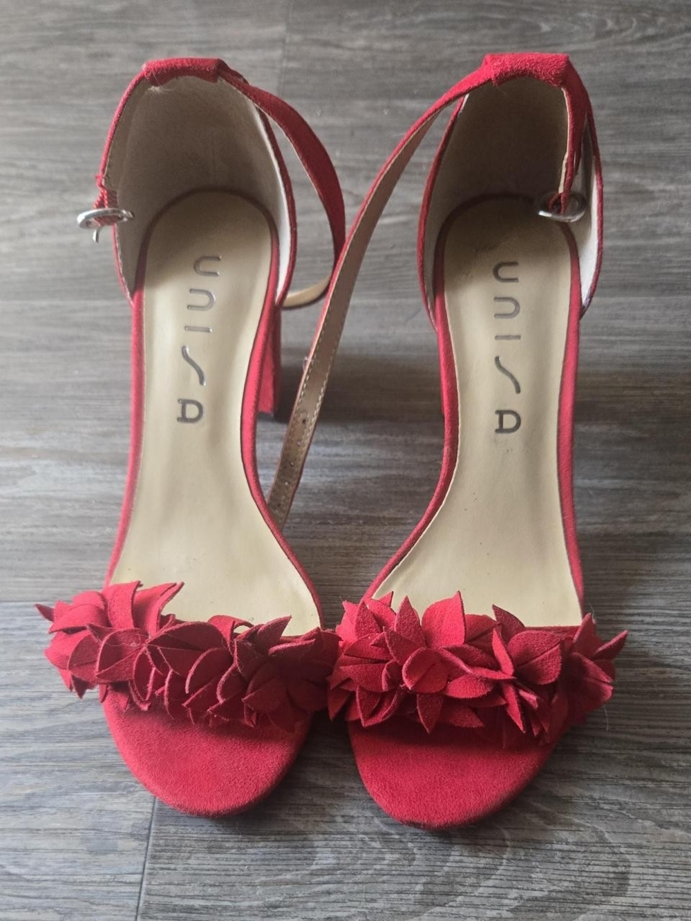 Unisa Red Suede Floral Open-Toe Ankle-Strap Heels